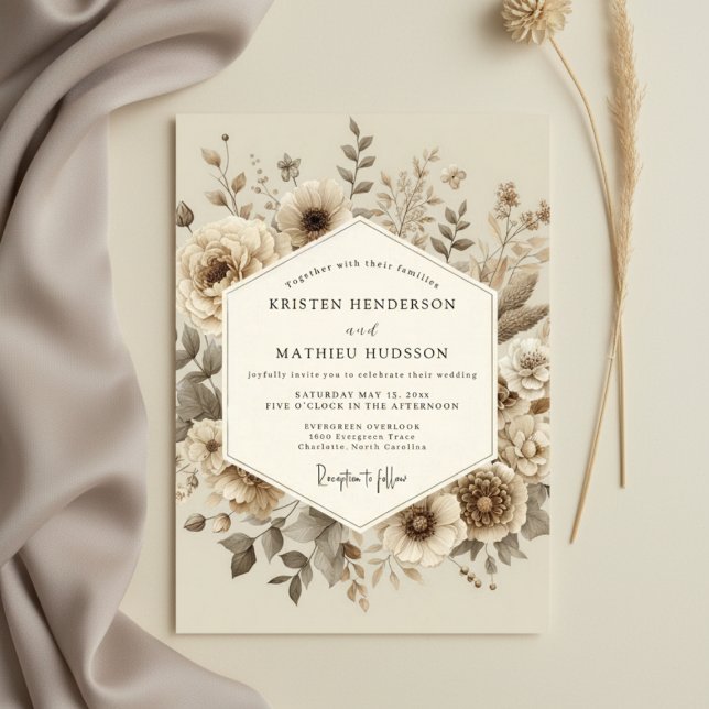 Convites Casamento Florestal Botânico Creme (Criador carregado)