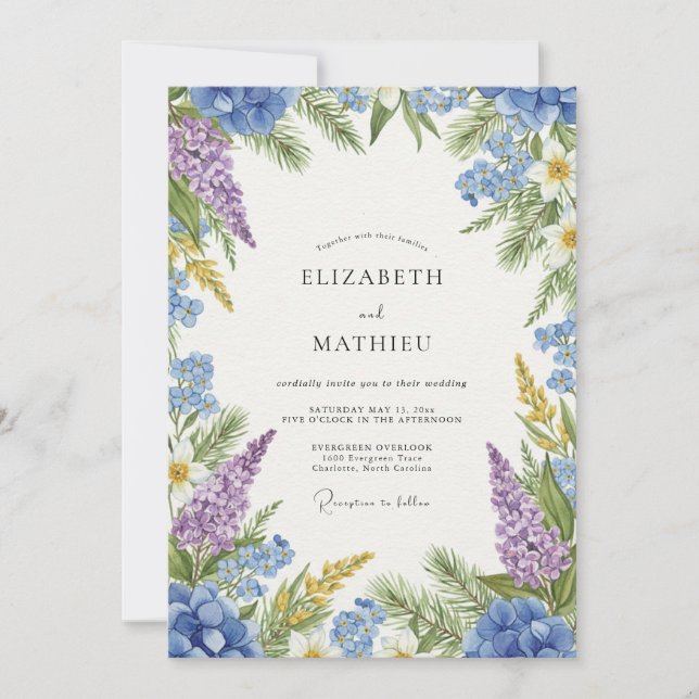 Convites Casamento Florestal Caprichoso em Azul Ardósia (Frente)
