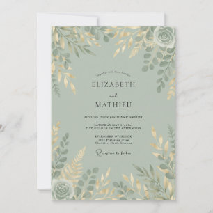 Convites Casamento Florestal com Brilho em Verde Sálvia
