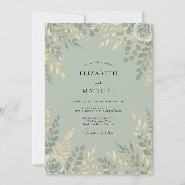 Convites Casamento Florestal com Brilho em Verde Sálvia (Frente)