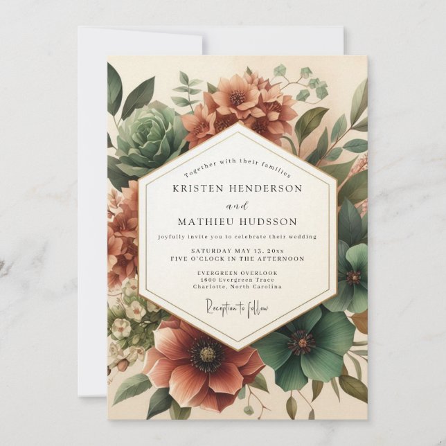 Convites Casamento Florestal com Flor de Âmbar (Frente)