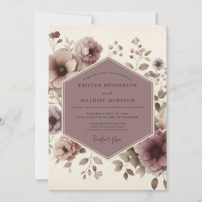 Convites Casamento Florestal com Flor de Malva (Frente)