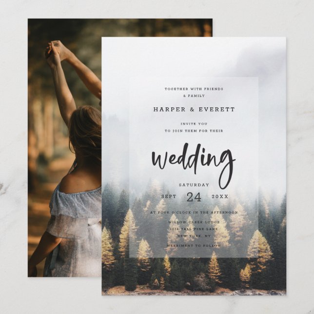 Convites Casamento Florestal de Árvores de Pinheiro Rústico (Frente/Verso)