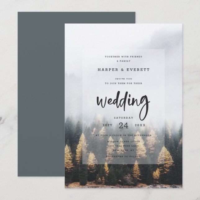 Convites Casamento Florestal de Árvores de Pinheiro Rústico (Frente/Verso)