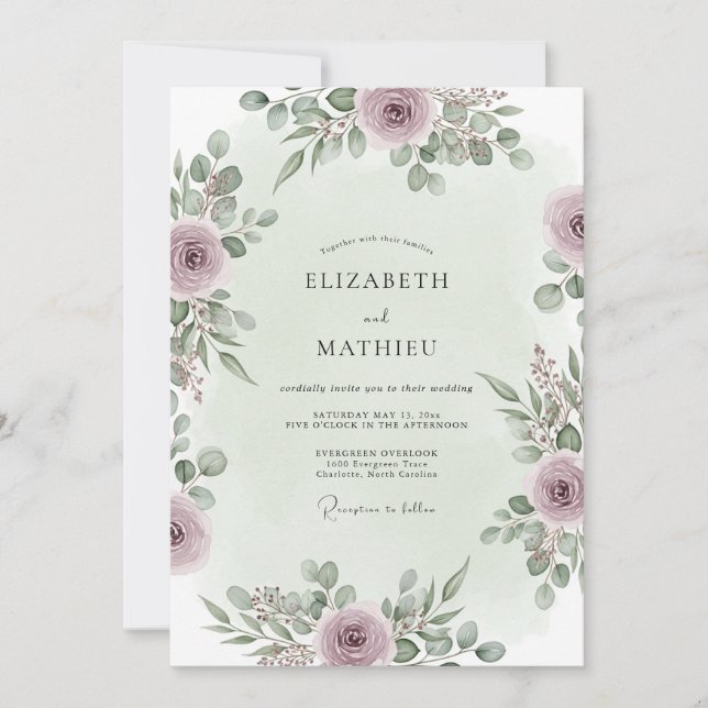 Convites Casamento Florestal Elegante em Bege Rosa (Frente)