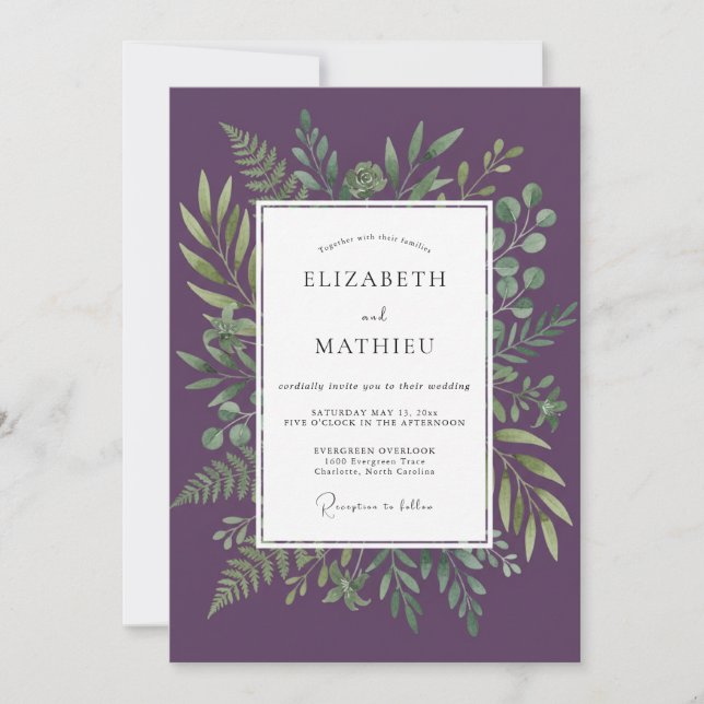 Convites Casamento Florestal Exuberante Roxo (Frente)