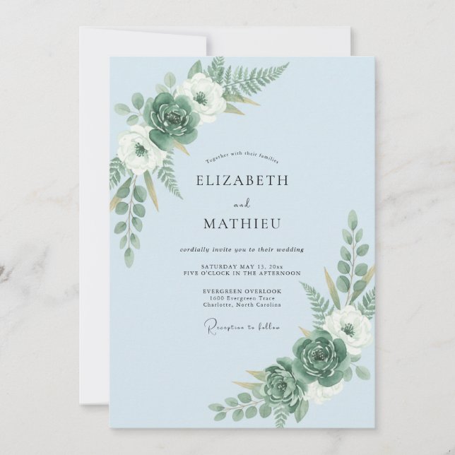 Convites Casamento Florestal Orgânico Azul Claro (Frente)