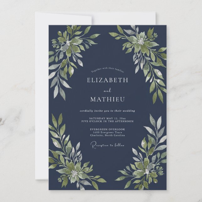 Convites Casamento Florestal Polido Azul Naval (Frente)