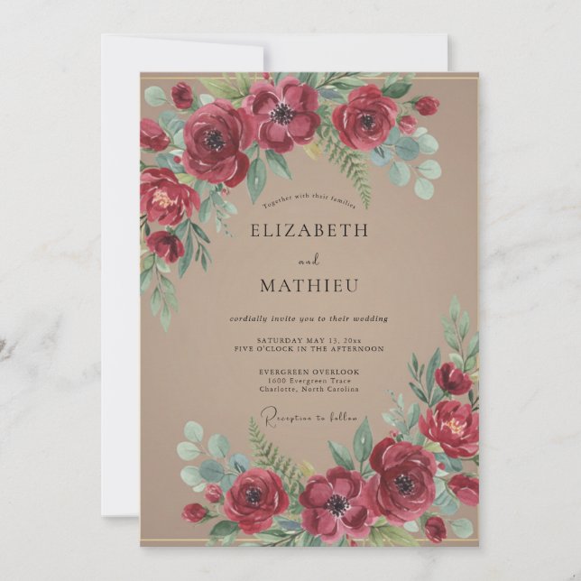 Convites Casamento Florestal Rústico em Vermelho Carmesim (Frente)
