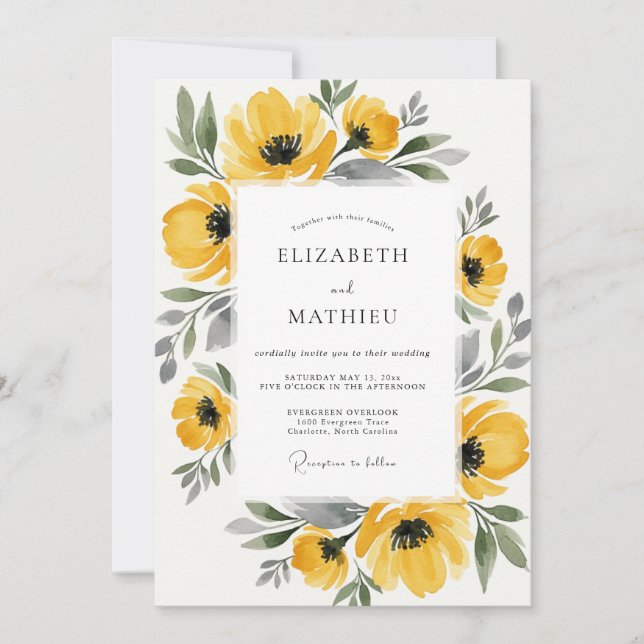 Convites Casamento Florido Amarelo Pintado (Frente)