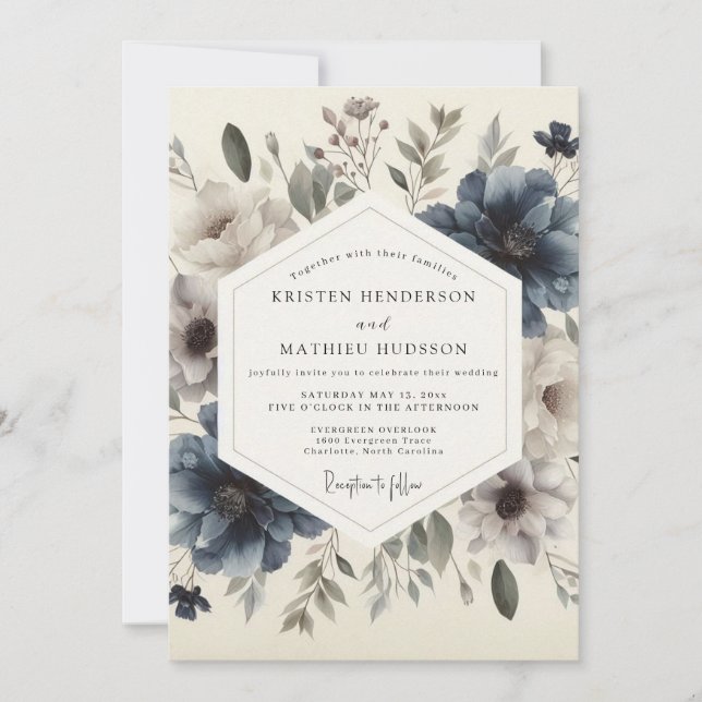 Convites Casamento Florido Azul Ardósia Mal-humorado (Frente)