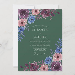 Convites Casamento Florido Azul Borgonha Pintado à Mão