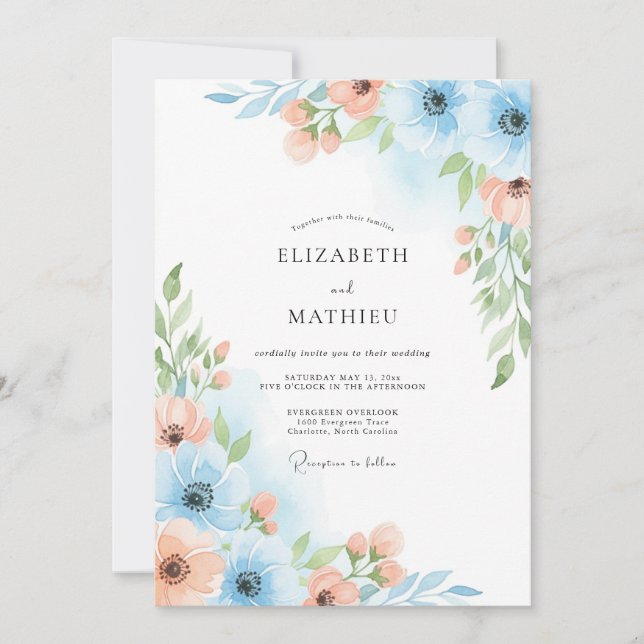 Convites Casamento Florido Azul Céu Pintado à Mão (Frente)