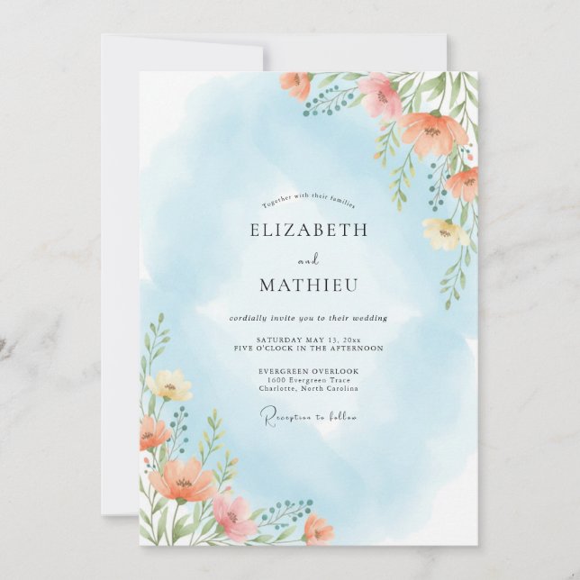 Convites Casamento Florido Azul Céu Verdejante (Frente)