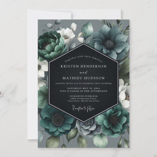 Convites Casamento Florido Azul-Cinzento (Frente)