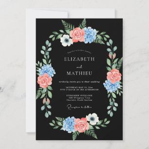 Convites Casamento Florido Azul Coral Pintado à Mão