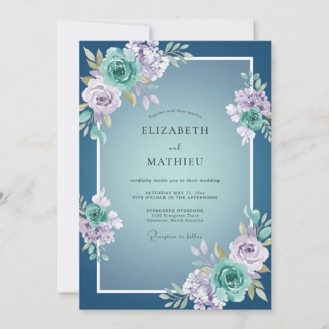 Convites Casamento Florido Azul Empoeirado (Frente)