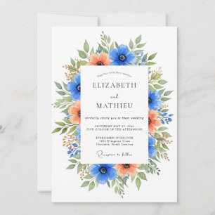 Convites Casamento Florido Azul Laranja Vibrante