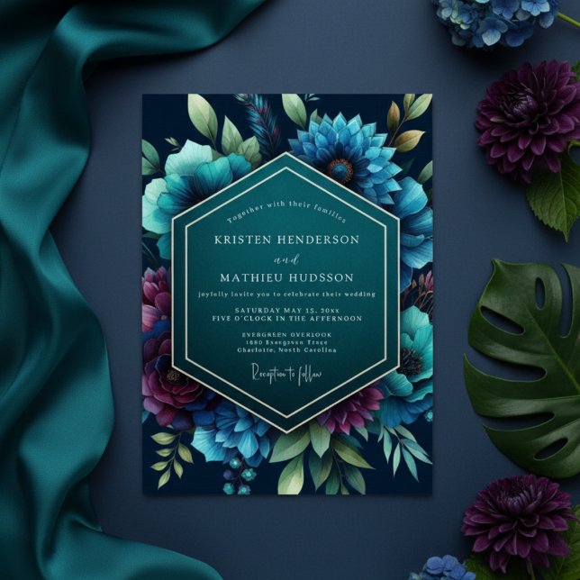Convites Casamento Florido Azul Turquesa Sombrio (Criador carregado)