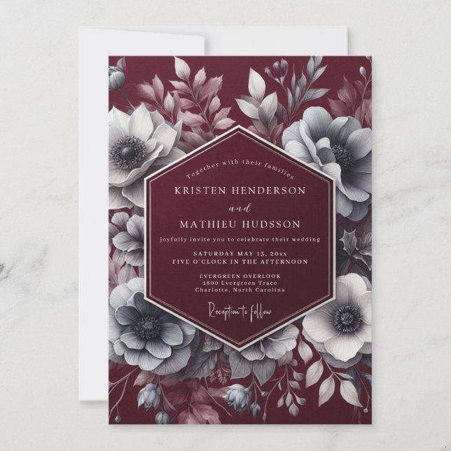 Convites Casamento Florido Burgundy Moody (Frente)