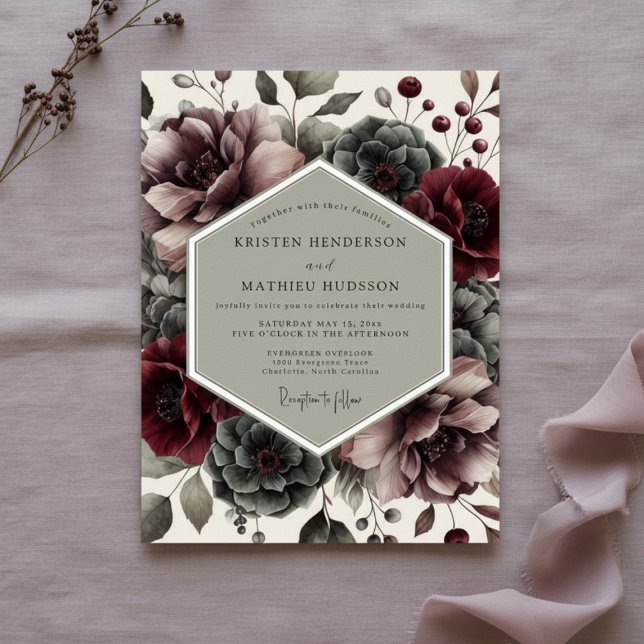 Convites Casamento Florido Burgundy Moody (Criador carregado)