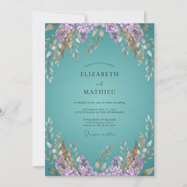 Convites Casamento Florido Caprichoso em Azul Turquesa (Frente)