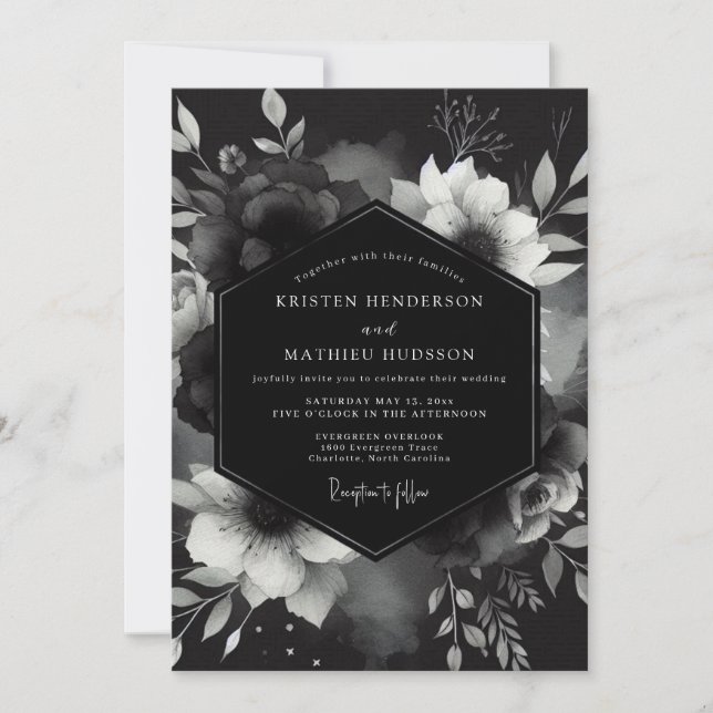 Convites Casamento Florido Charcoal Gothic (Frente)