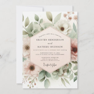 Convites Casamento Florido com Aquarela de Rosa Empoeirada