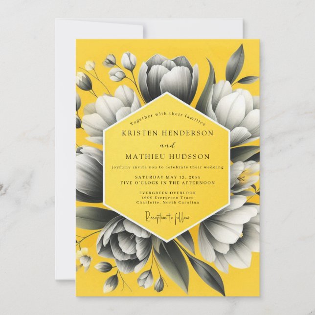 Convites Casamento Florido com Carvão Amarelo (Frente)