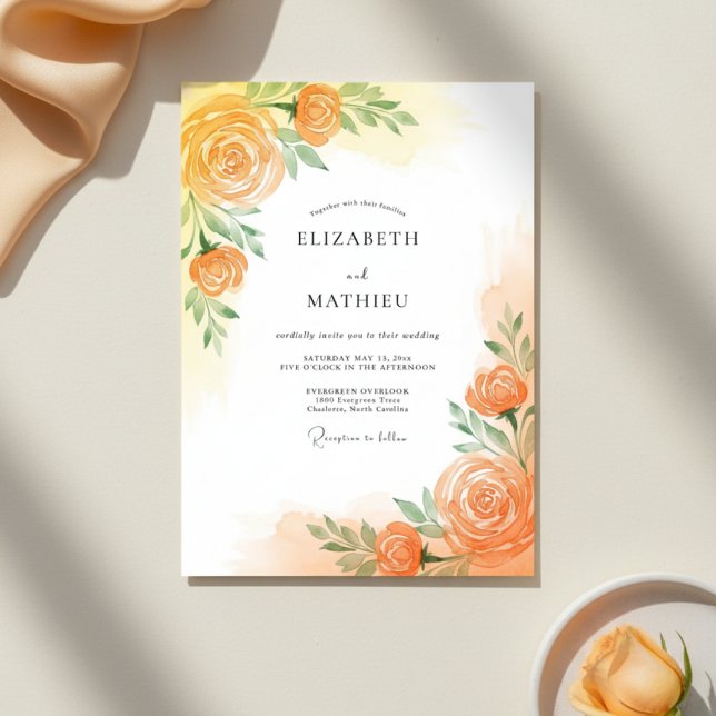 Convites Casamento Florido com Pincelada Laranja (Criador carregado)