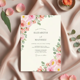 Convites Casamento Florido com Rosa Água-Rosa em Aquarela