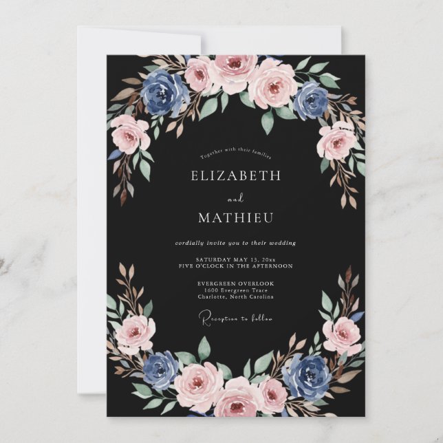 Convites Casamento Florido com Rosa Azul Empoeirada (Frente)
