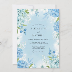 Convites Casamento Florido de Aquarela Azul Céu