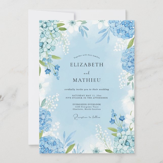 Convites Casamento Florido de Aquarela Azul Céu (Frente)