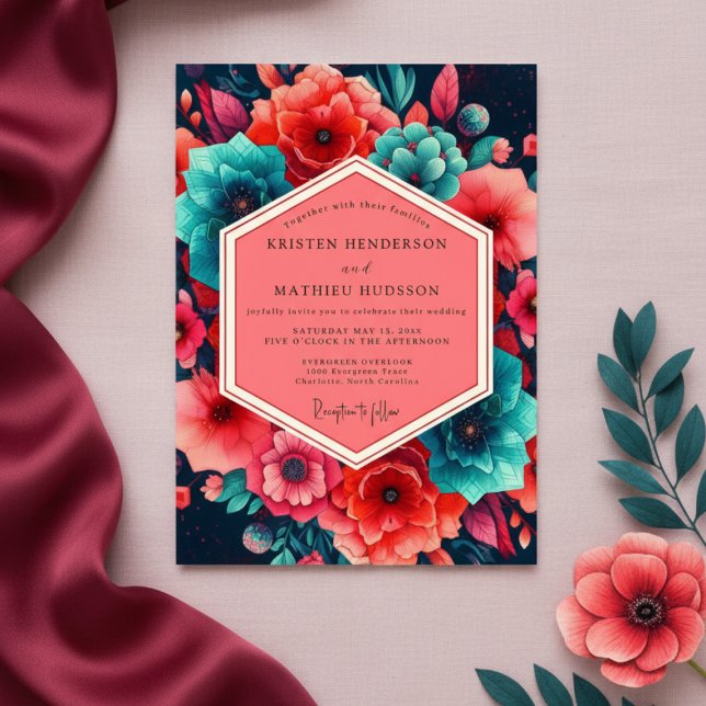 Convites Casamento Florido de Coral Turquesa (Criador carregado)