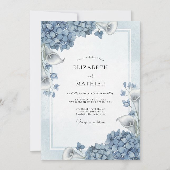 Convites Casamento Florido de Hortênsia Azul Desbotada (Frente)