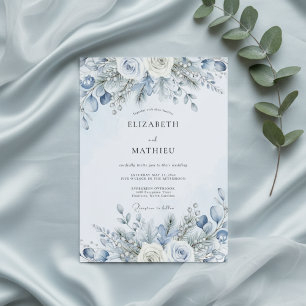 Convites Casamento Florido de Inverno em Azul Desbotado