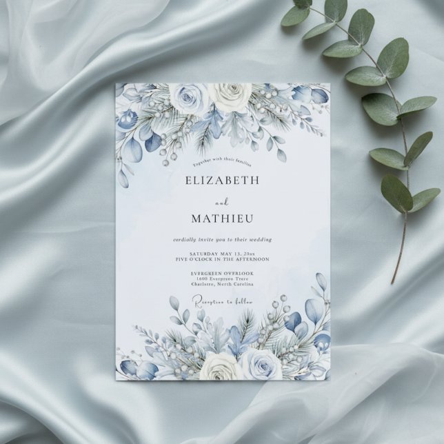 Convites Casamento Florido de Inverno em Azul Desbotado (Criador carregado)
