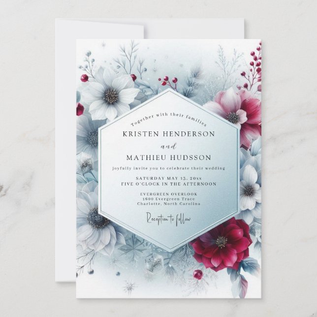 Convites Casamento Florido de Inverno em Borgonha Profundo (Frente)