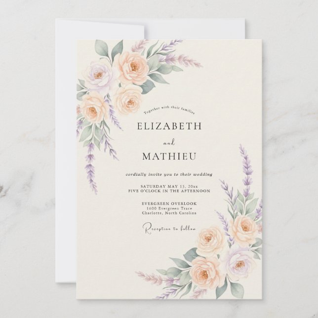 Convites Casamento Florido de Lavanda e Pêssego (Frente)
