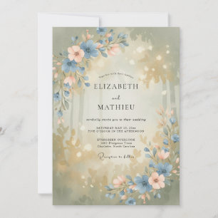 Convites Casamento Florido de Madeira Azul Empoeirado