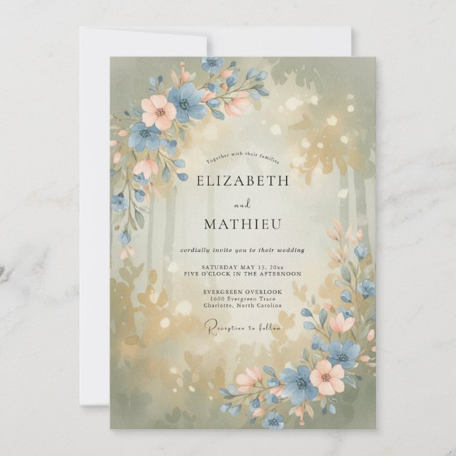 Convites Casamento Florido de Madeira Azul Empoeirado (Frente)
