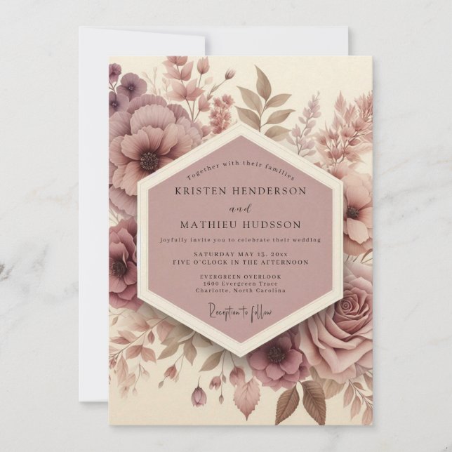 Convites Casamento Florido de Mauve Florestal (Frente)
