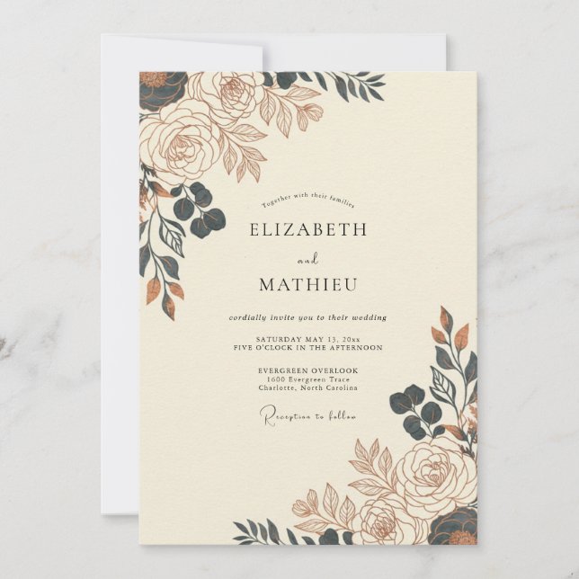 Convites Casamento Florido de Outono Ocre (Frente)