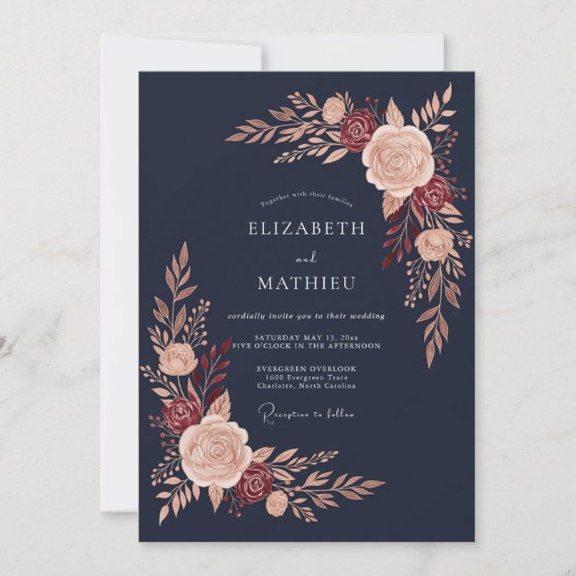 Convites Casamento Florido de Outono Rosa Navy (Frente)