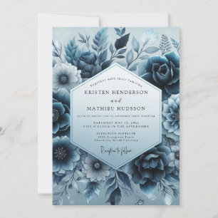 Convites Casamento Florido de Veludo Azul Xisto