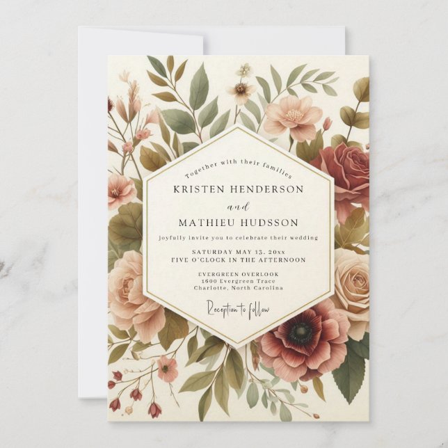 Convites Casamento Florido de Vinho Tinto Vintage (Frente)