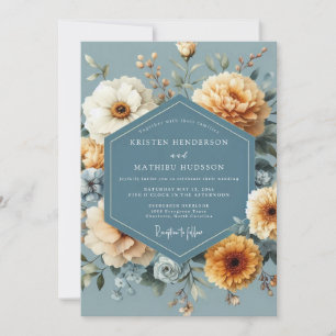 Convites Casamento Florido Dourado Azul Ardósia