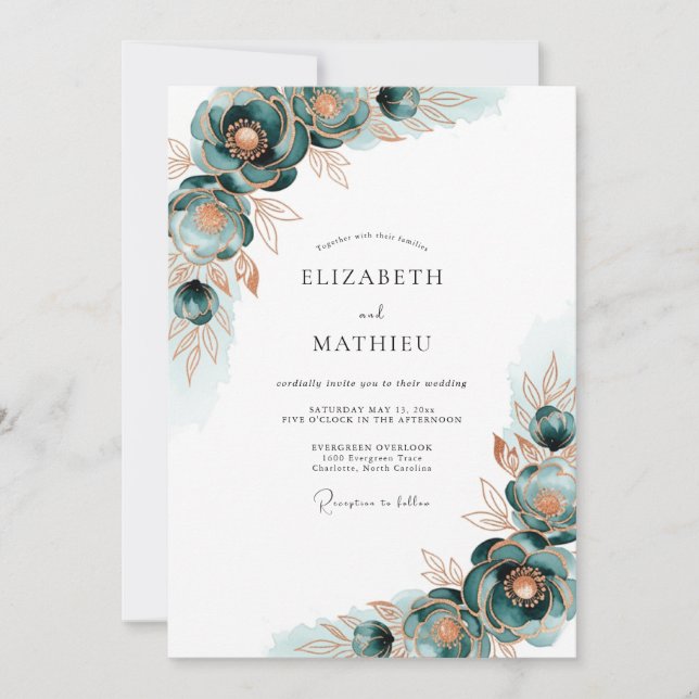 Convites Casamento Florido Dourado Turquesa (Frente)