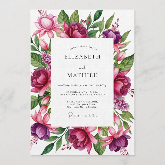 Convites Casamento Florido e Exuberante Magenta (Frente)